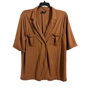 CKW Women's V-Neck Casual XL Blouse Brown Button Front Double Pocket Shirt